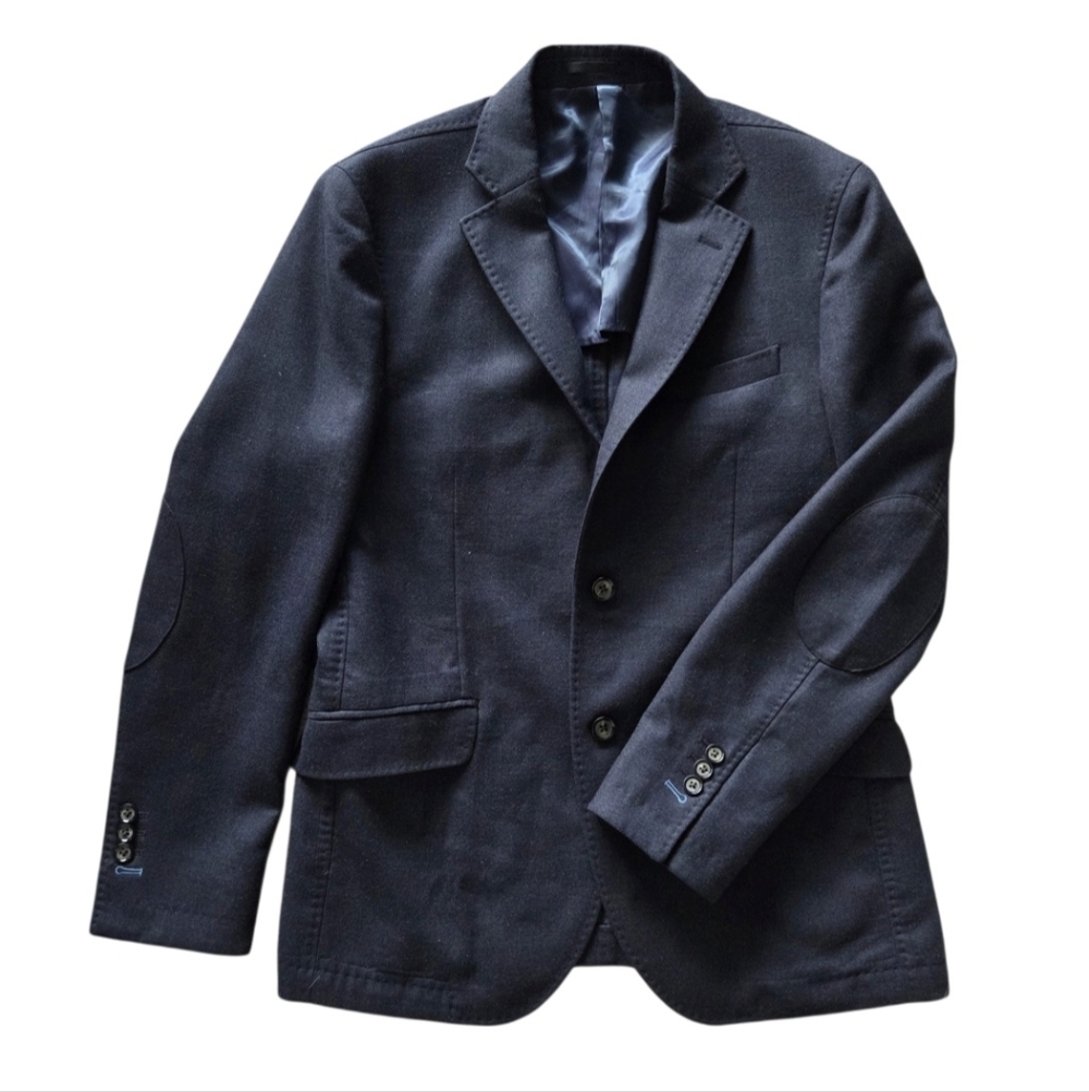 T.M. Lewin Navy Wool Blazer Jacket 40R Tailored Casual‎ Elbow Patch Minimalist